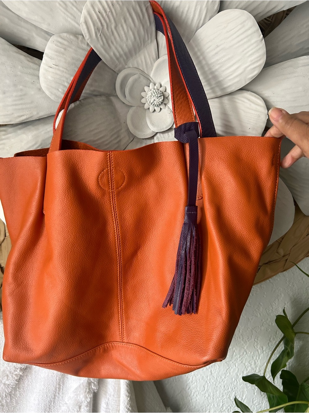 Orange Leather Tote Bag with Tassel Shoulder Strap